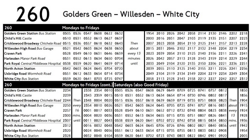 London Bus Line 260 - timetable